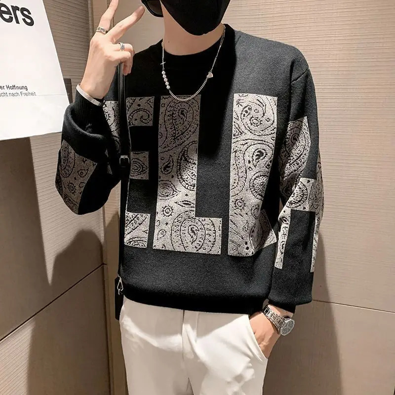 Man Clothes Letter Knitted Sweaters for Men Pullovers Black Round Collar Graphic Crewneck Fashion Korean Warm Y2k Vintage X 240911