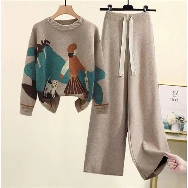 Women's Knitted suit winter cartoon pictures Sweater pullover wide leg pants two piece pants sets woman 2 pieces knitwear 211116