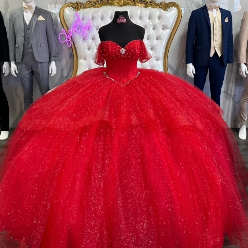 Sparkly Red Princess Quinceanera Dresses Ball Gown 2025 Off Shoulder Corset Beads Crystal Bow Tull vestido de 15 Anos Sweet 16 Dress