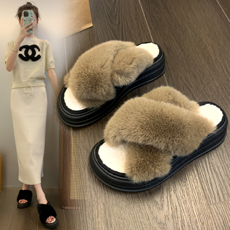 Winter Warm Thick Sole Height Increase Slippers: Korean Fashion Indoor Wear - Black, White, Khaki dh910320090