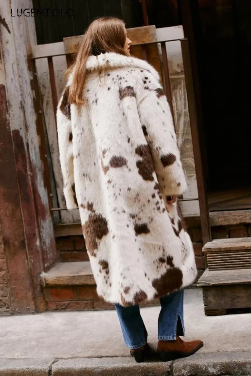 Women Faux Fur Cow Pattern Coat Warm Autumn Winter Faux Fox Fur Lapel Lady Elegant Cardigan Pocket Outwear Lugentolo 240919