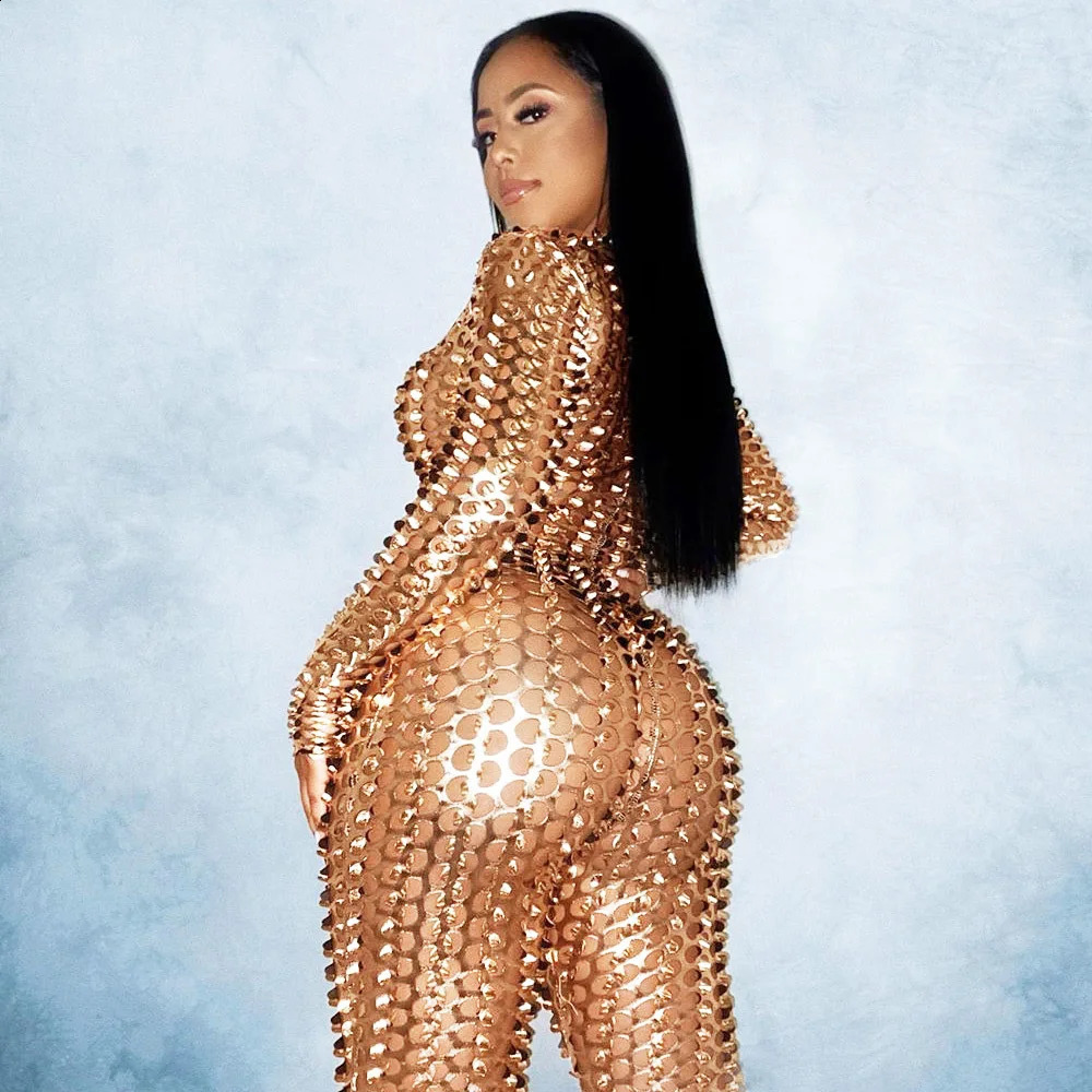 Shining hollow jumpsuit womens sexy plus size long sleeved onepiece clothing Rave Club wearing gold sier black decoration