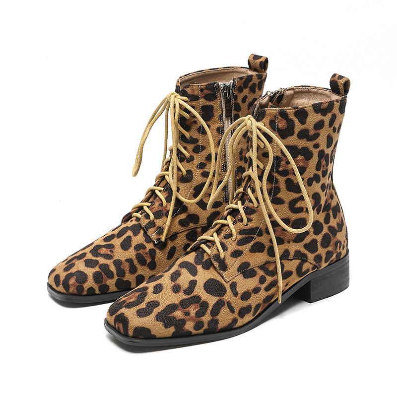 Women Boots Winter Fashion Design Plus Size Leopard Print Square Toe High Heel Free shipping