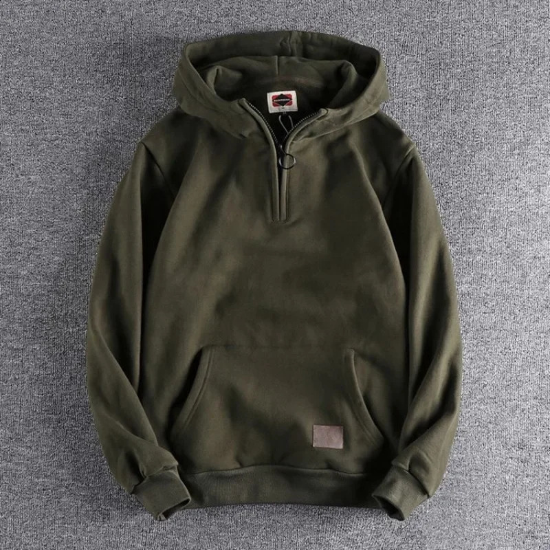 Mens black half zipper mens sports shirt warm hooded sweatshirt solid hooded wool Y2k retro high-quality Korean loose fit 240918