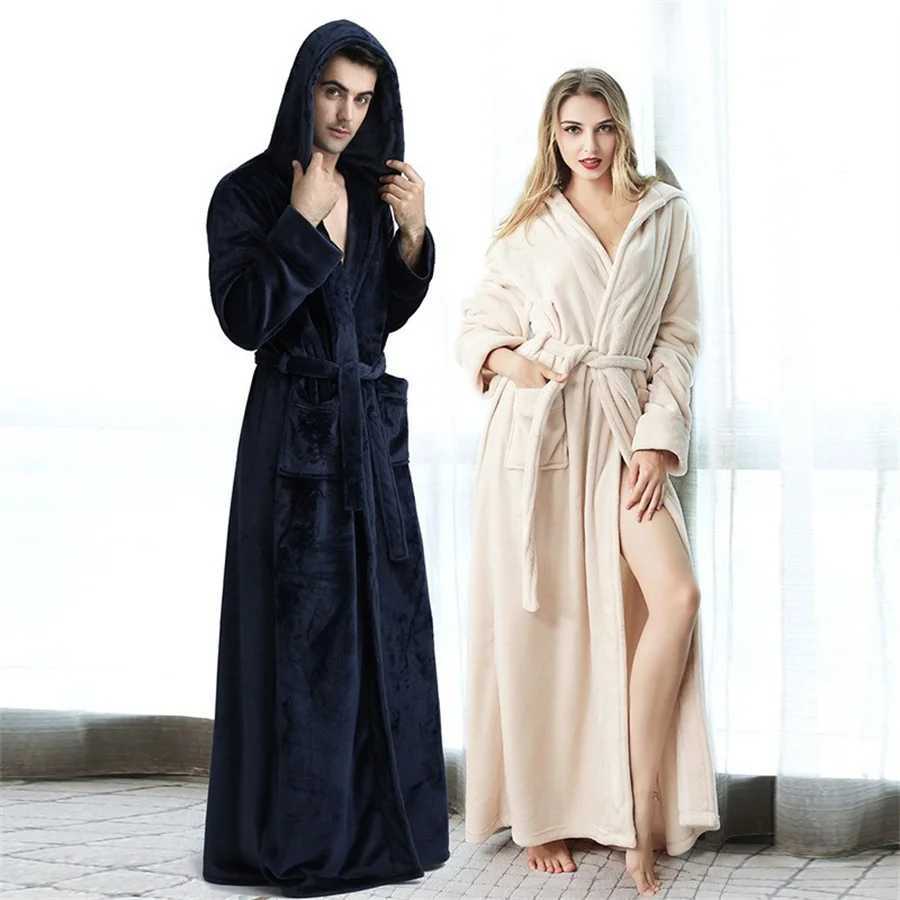 Mens Winter Bathrobe Hooded Robes Long Sleepwear Warm Plush ShawlShower Robe Night Gown Homewear Pajama Man Clothes for Sleep Y240919