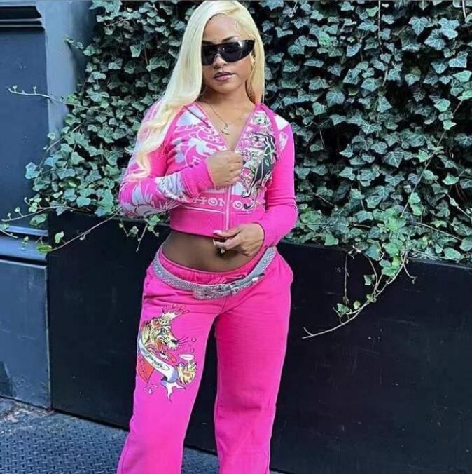 Women's Joggers 2-Piece Printed Sportswear Hoodie Zipperand Ed Hardytracksuit Sweatpants Set Letter Print Short Sleeve High Street 6A6 C260312
