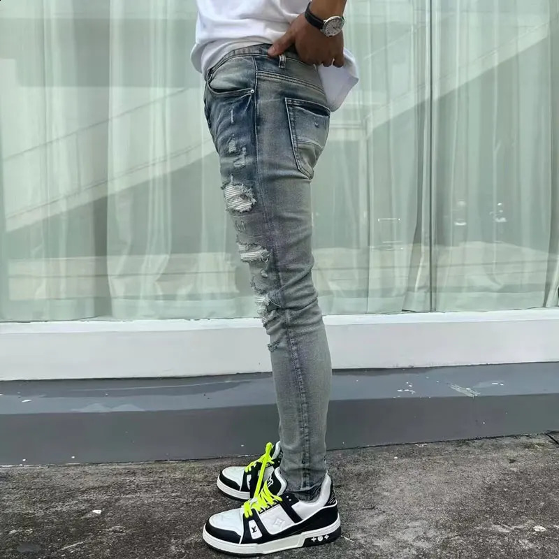 Home>Products>Retro Mens Jeans>Retro Mens Jeans>Washed Blue Stretch Tight White Patch>Stamped Jeans>Hip Hop Pants 240919