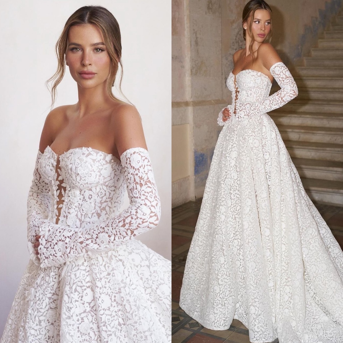 Sheer Strapless Lace Wedding Dress With Backless & Long Sleeves - Berta A E Bridal Gown, Plus Size, Sweep Train 6660311