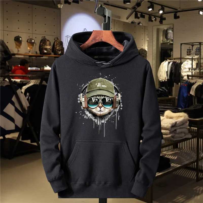 Comes with headphones cat and sunglasses mens hoodie warm pine wool sweatshirt autumn casual hoodie unisex sweatshirt W240919