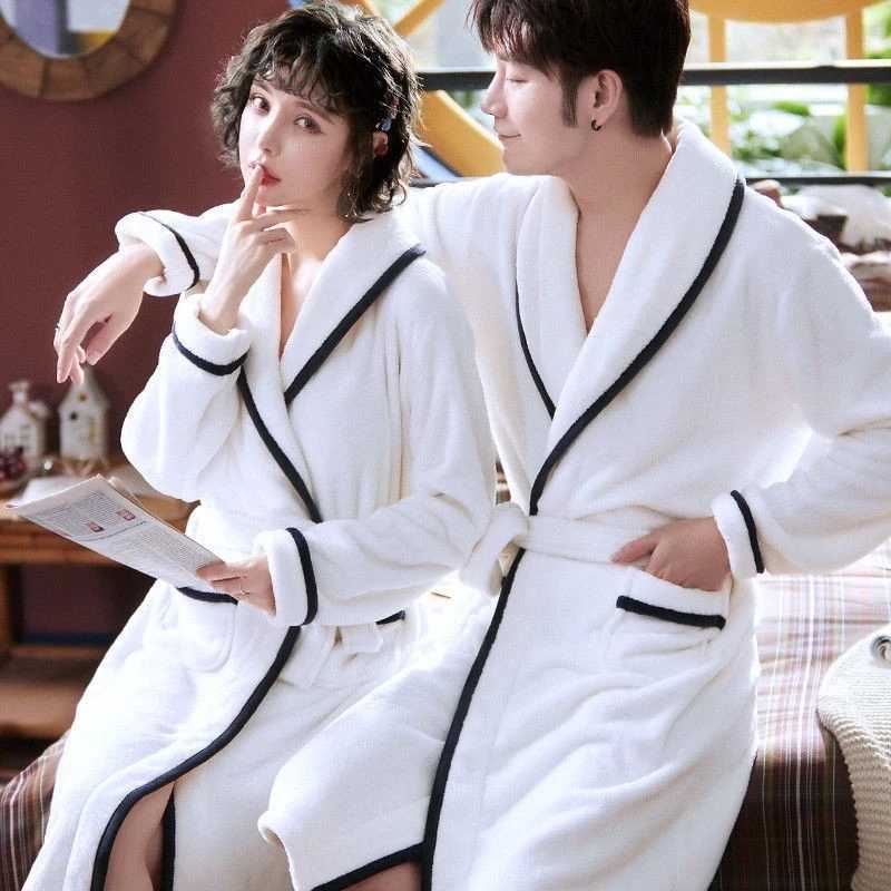 Bathrobe Mens Solid Winter Warm Long Sleeve Ladies Bath Robe Flannel Kimono with Sashes Dressing Gown for Couple 2024 New Y240919