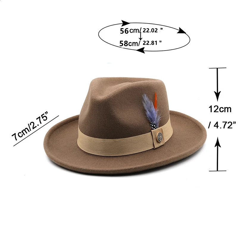 Feather Band Wool Felt Jazz Fedora Hat Womens Neutral Wide Brim Panama Party Trilby Cow Hat Mens Gentleman Wedding Hat 240919