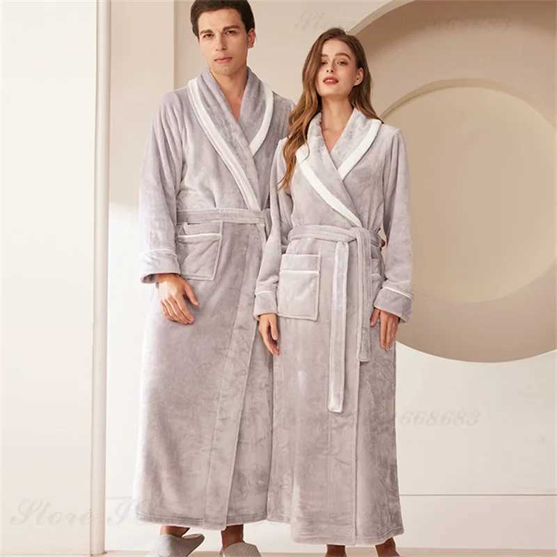 Large Size 3XL Autumn Winter Couple Sleepwear Flannel Men Long Robe Home Clothing Thicken Warm Coral Fleece Bathrobe Lounge Wear Y240919