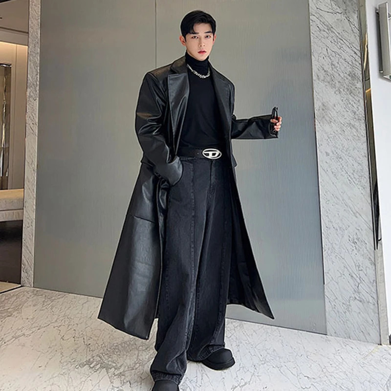 IEFB Autumn Winter Mens Leather Trench Coat Niche PU Wide Shoulder Long Overcoat Double Breasted Windbreaker 9C3216 240919