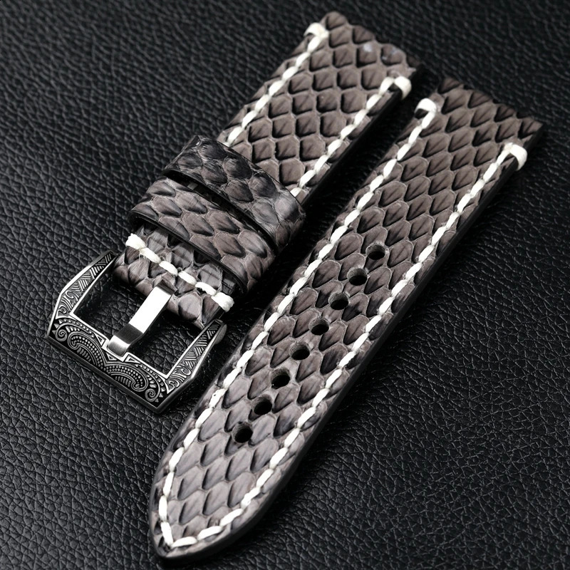 Handmade snake skin carved buckle watch strap 20 22 24 26MM black gray leather strap thick material mens military watch strap 240919