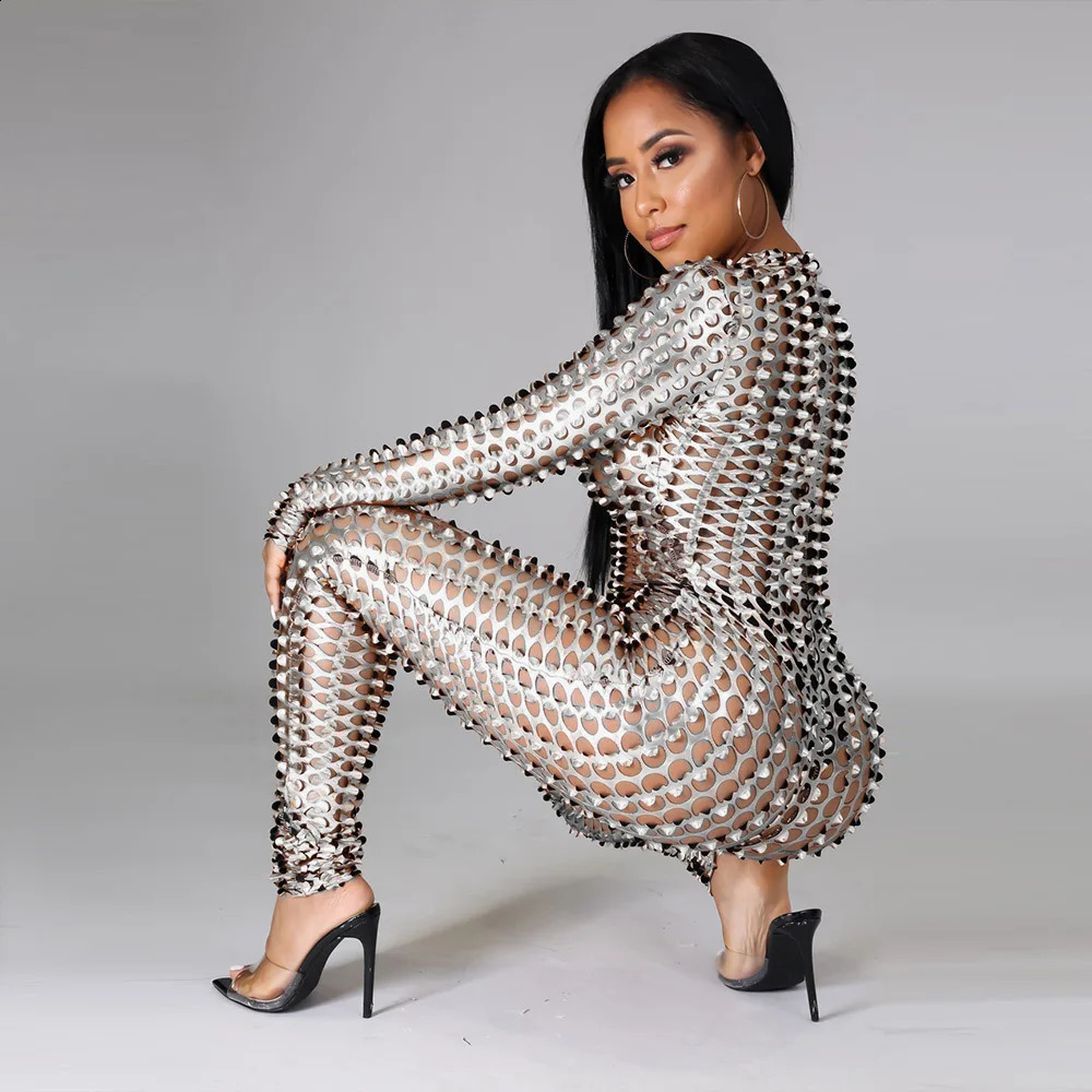 Shining hollow jumpsuit womens sexy plus size long sleeved onepiece clothing Rave Club wearing gold sier black decoration