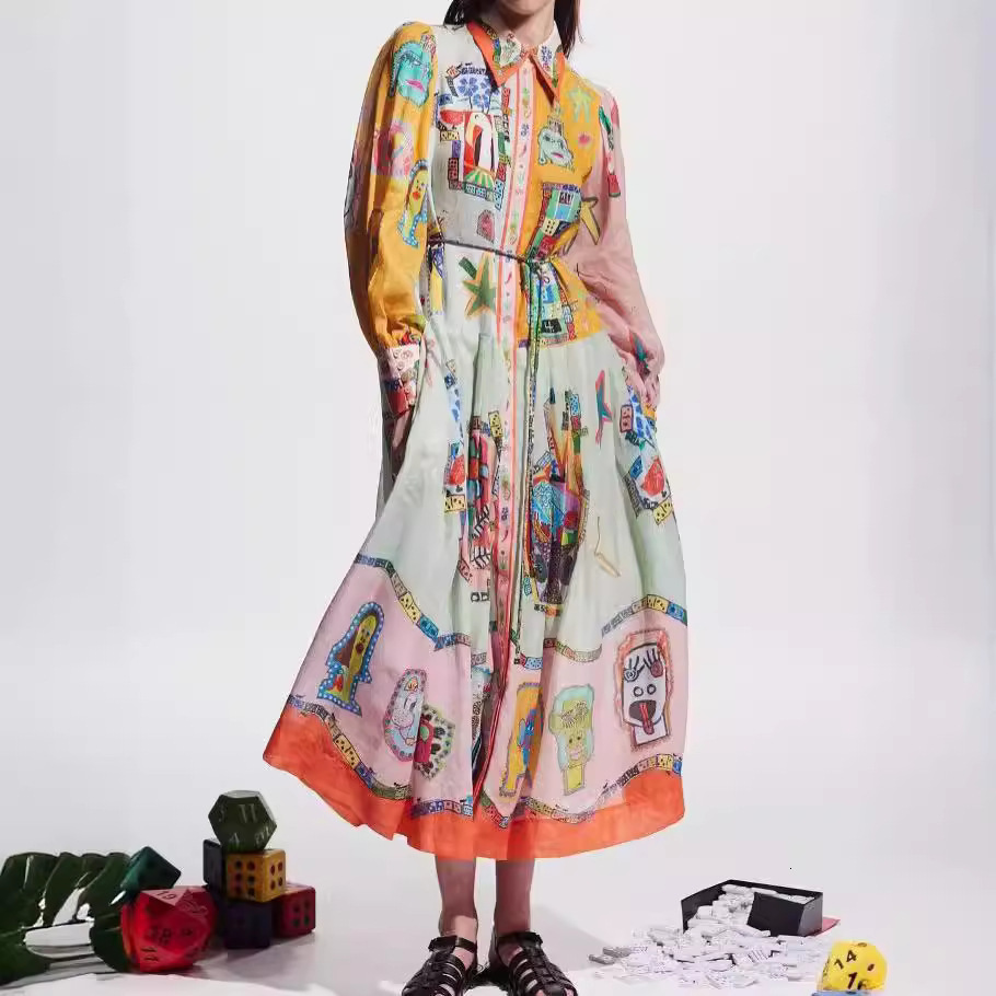 Australian Fashion Women Linen Shirt Dress Flower Printed Summer Spring Dresses Skirt Elegant Slim Fit Long Linen Clothes S-XL