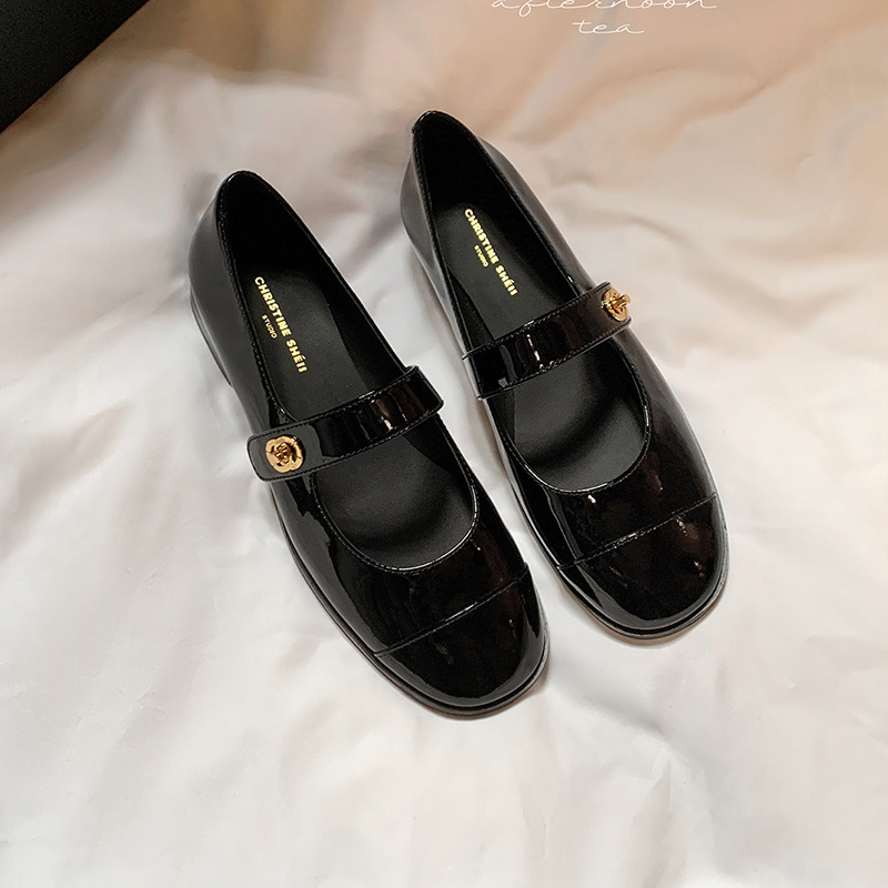 Women's small fragrant style buckle with genuine leather thick heel Mary Jane single commuting shoes