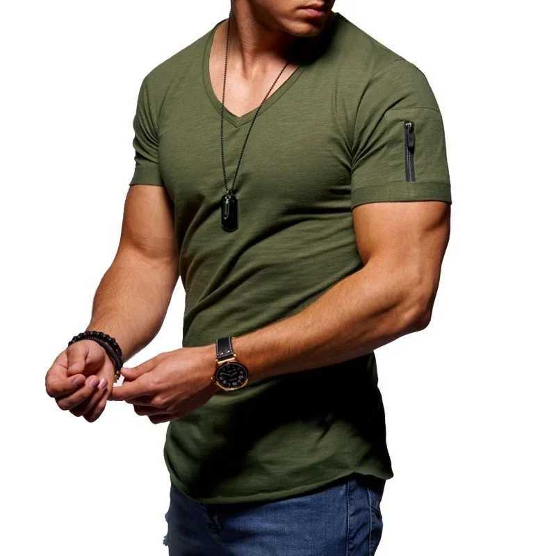 New Summer Mens V Neck T Shirt Fitness Bodybuilding Tshirt High Street Short Sleeved Zipper Casual Cotton Top Plus Size S-5XL Z240919