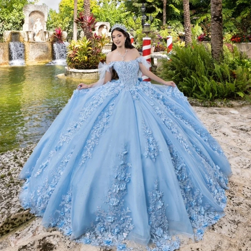 Quinceanera Mexico Dresses Ball Gown Off Shoulder D Ral Lace Applique Beaded With Bow Tull Corset Sweet Dress Vestido De Anos D ress e