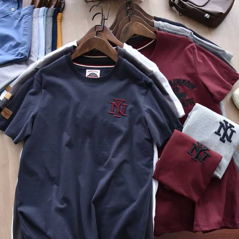 Summer American Retro Short-sleeved O-neck Letter Embroidery T-shirt Mens Fashion Simple 100% Cotton Washed Casual Sport Tops Z240919