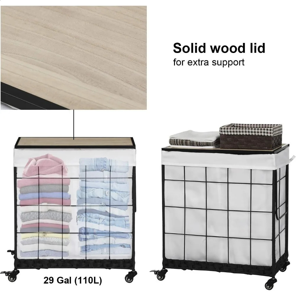 Durable washing machine with detachable lining bag heavyduty wheels wooden cover and metal handle clothing sorting 240919