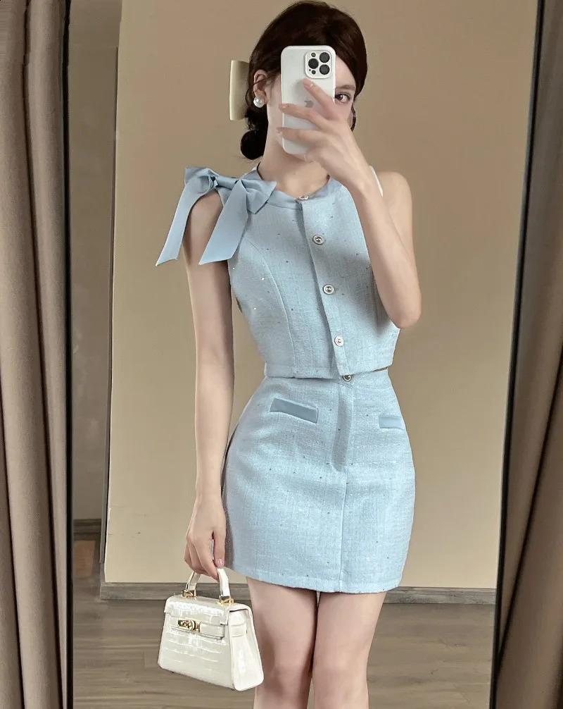 Women's bow celebrity sleeveless top two-piece set spliced single chest ultra-thin sweet summer outfit
