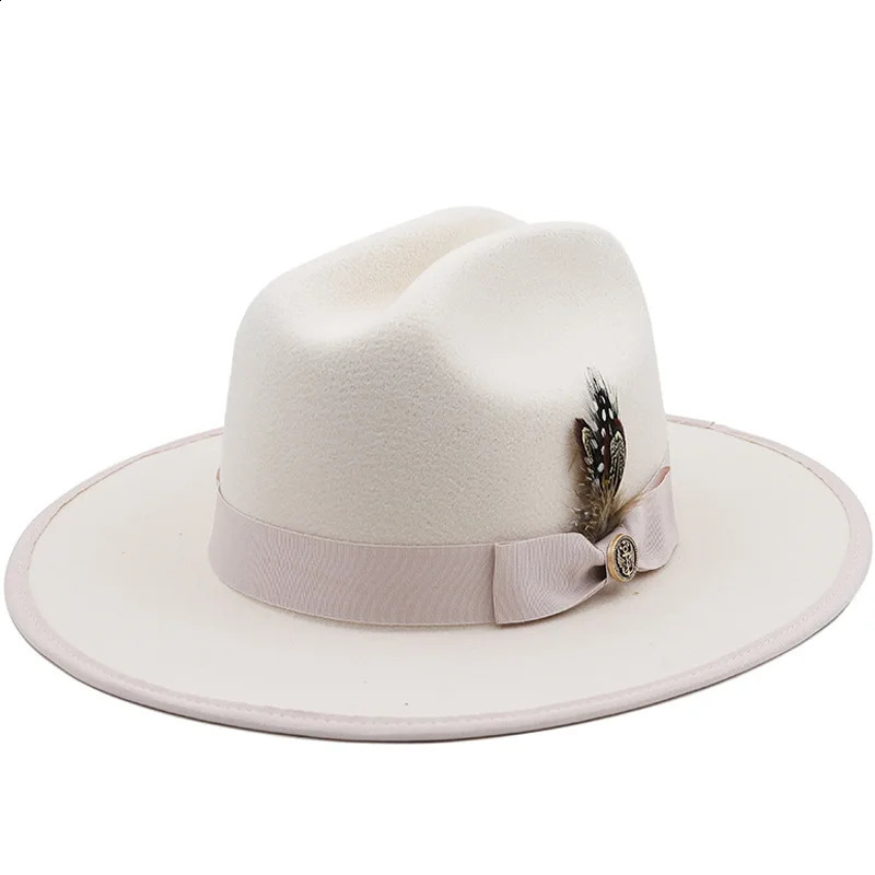 Fashion Wool Mens Feather Fedora Hat Winter Autumn Church Panama Wide Brown Retro Charm Jazz Hat 240919