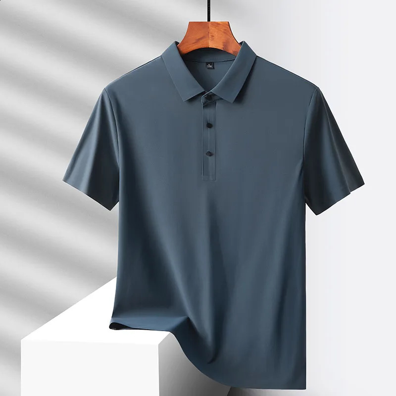Summer silk quick drying loose polo shirt for middle-aged and elderly men solid lapel button simple version casual thin short sleeved top 240919
