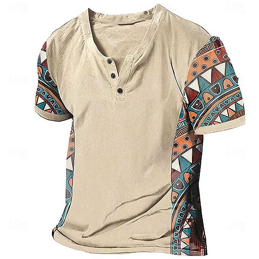 Ethnic Style Tribal 3D Printed Henley Shirts Mens Fashion Vintage Streetwear Button Short Sleeve T Shirt Tees Tops Man Clothing Z240919