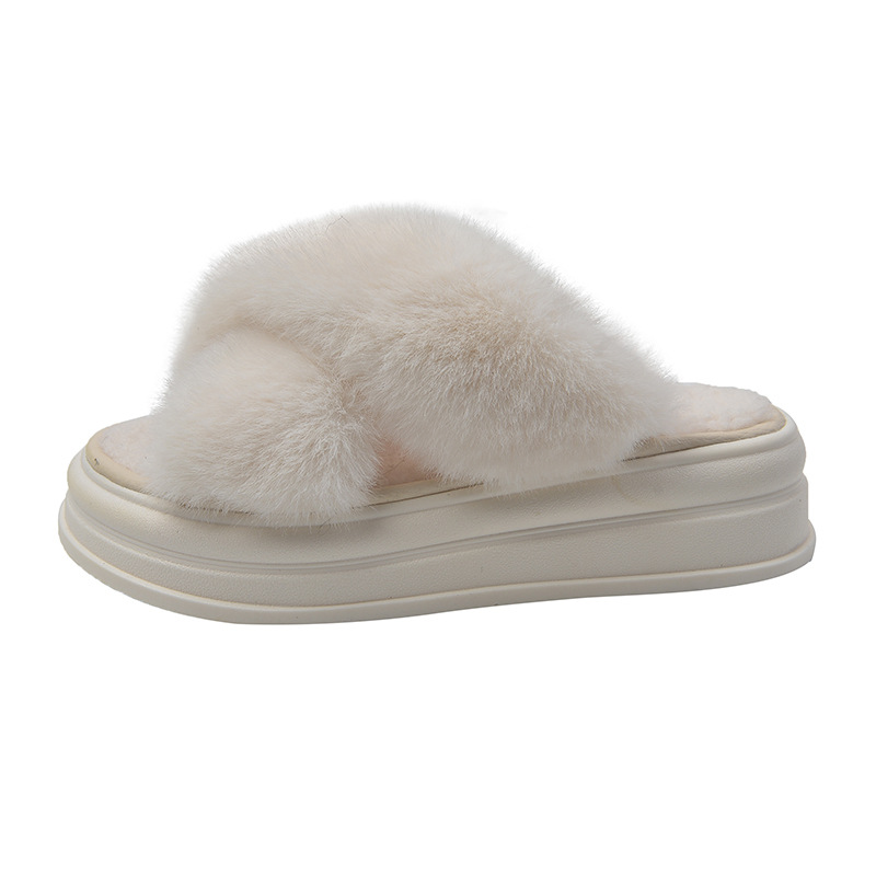 Winter Warm Thick Sole Height Increase Slippers: Korean Fashion Indoor Wear - Black, White, Khaki dh910320090