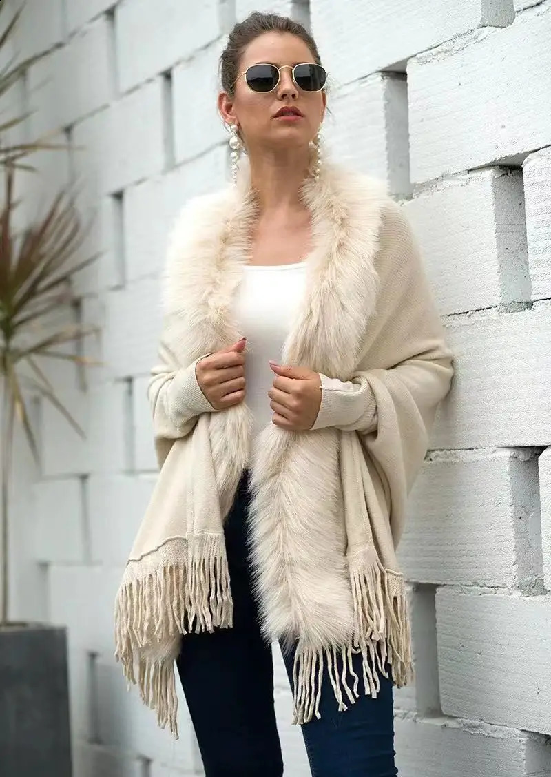 Womens cashmere hand feel shawl long sleeved womens artificial fox fur wrapped spring and autumn knitted cardigan classic sweater jacket 240919