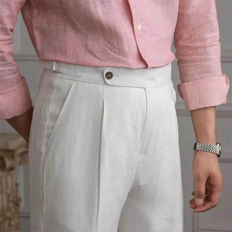 100% linen Italian Naples mens pants high waisted straight suit mens style mens style spring and summer fashion lightweight and breathable casual pant