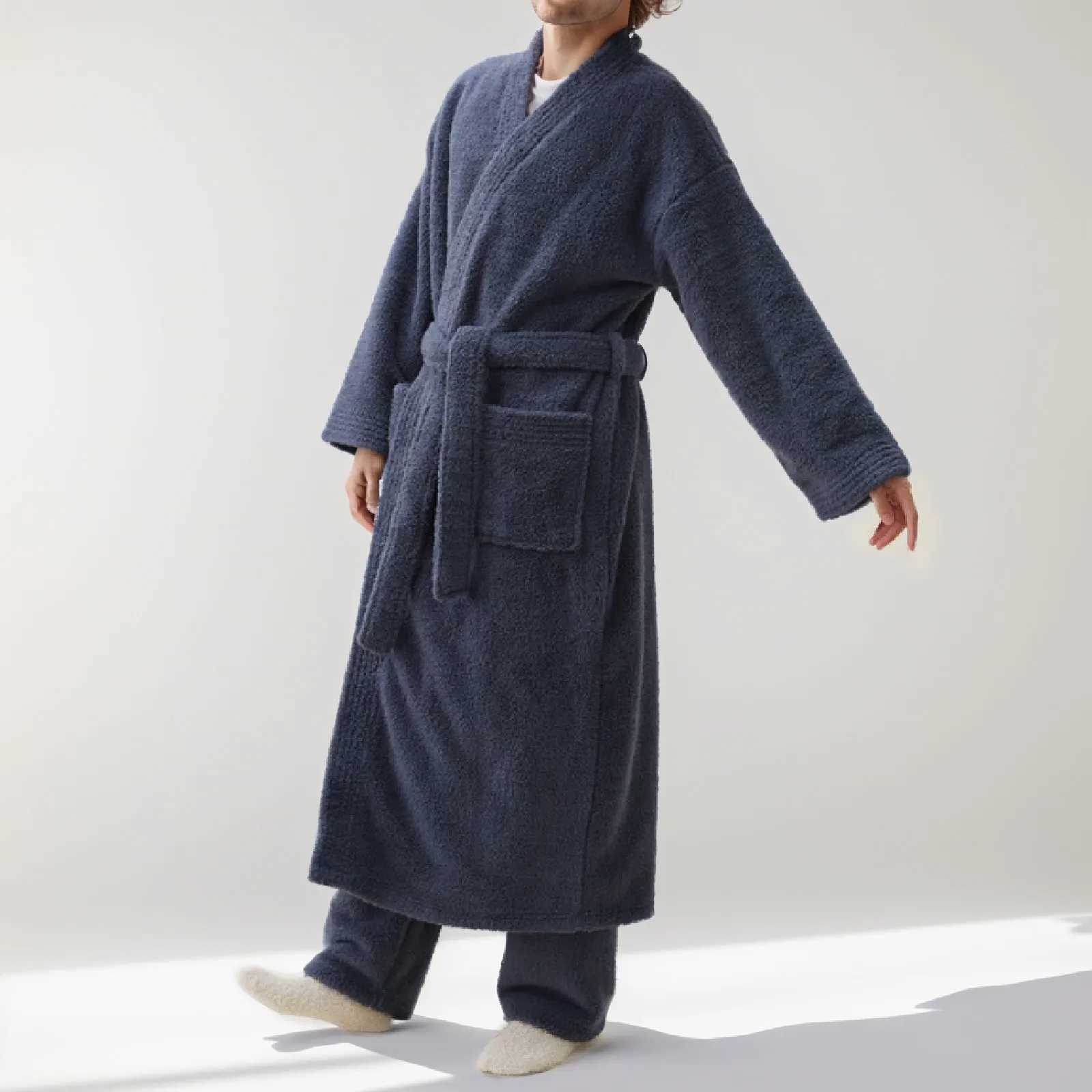 MenS Bathrobe Autumn Winter Long Extra Thick Home Wear Robe Warm Bathrobe Pajamas Sleepwear Pocket Man Shower Robe Y240919