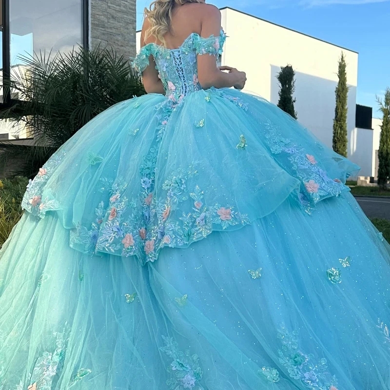 Water Blue Shiny Quinceanera Dresses Ball Gown Off The Shoulder 3D Floral Lace Applique Beaded Tull Corset Sweet 16 Vestido De 15 Anos