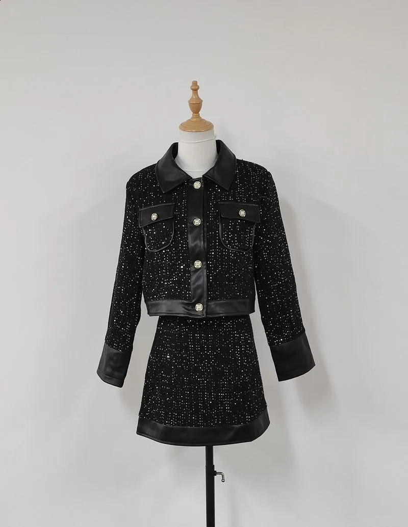 Temperment Coarse Coat Jacket Two Piece Set Womens Glitter Fashion Polo Neck Leather Splicing Korean Fashion Ultra Thin Spring Set 240919
