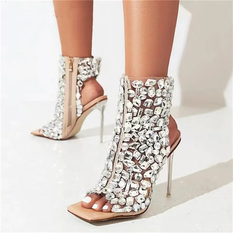 Brand Design 2023 New Crystal/Rivet Zipper Sandals Stage Banquet Nightclub High Heels Women Shoes Apricot Sier Dress Matching