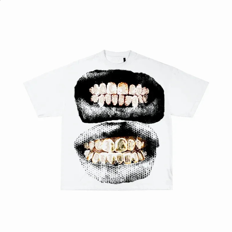 Pure cotton Y2k top with oversized teeth graphic T-shirt for mens hip-hop Harajuku fashion round neck plain short sleeved item 240919