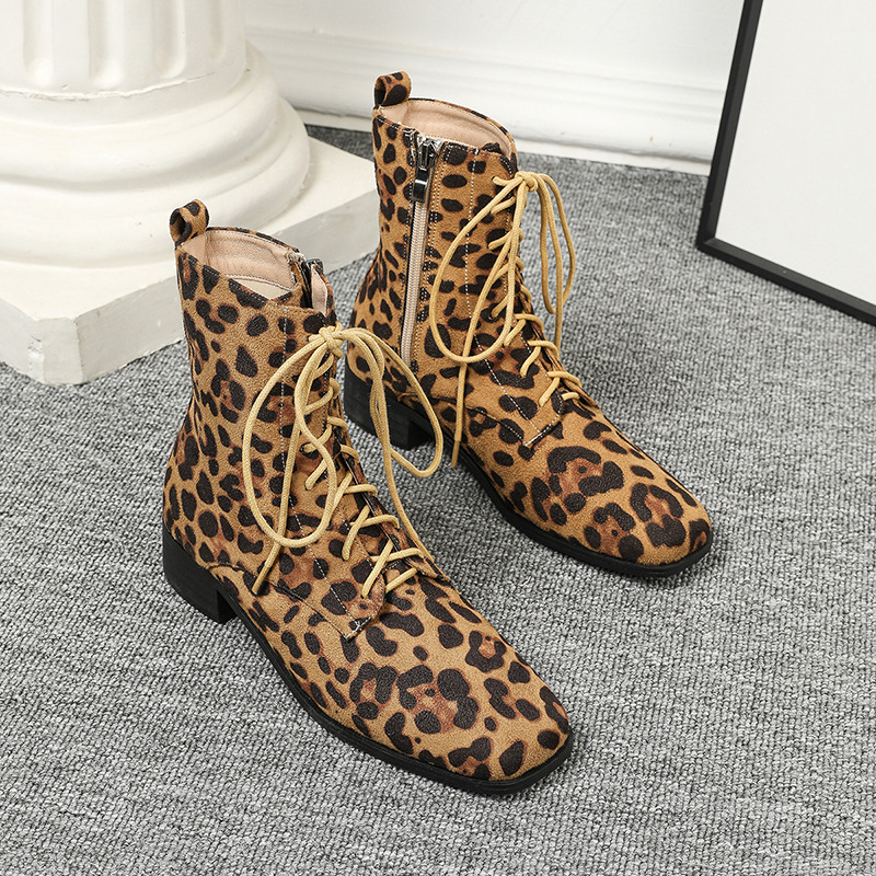 Women Boots Winter Fashion Design Plus Size Leopard Print Square Toe High Heel Free shipping
