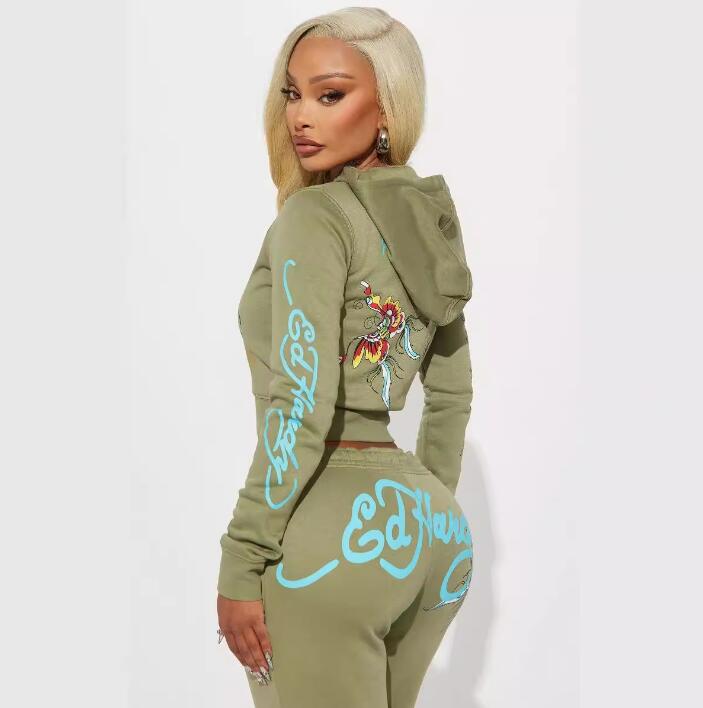 Women's Joggers 2-Piece Printed Sportswear Hoodie Zipperand Ed Hardytracksuit Sweatpants Set Letter Print Short Sleeve High Street 6A6 C260312
