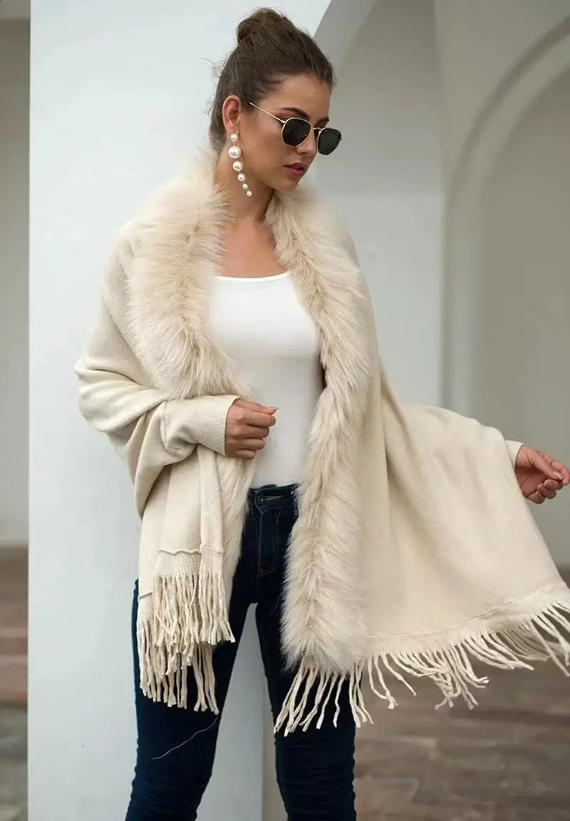 Womens cashmere hand feel shawl long sleeved womens artificial fox fur wrapped spring and autumn knitted cardigan classic sweater jacket 240919