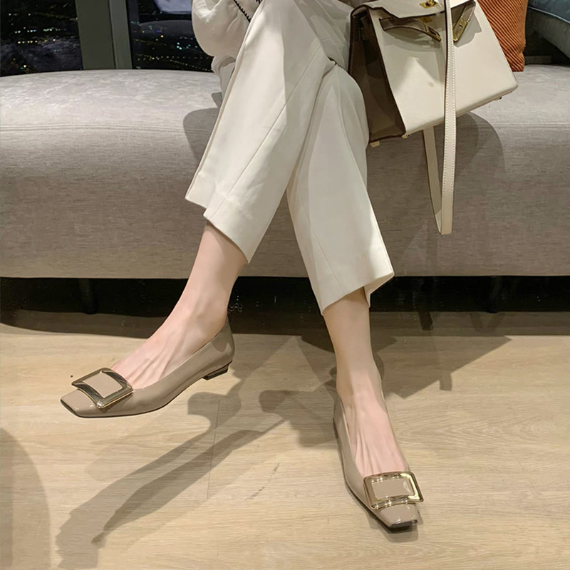 Square buckle shallow mouth thick single order shoes for women square buckle square toe low heel commuting shoes