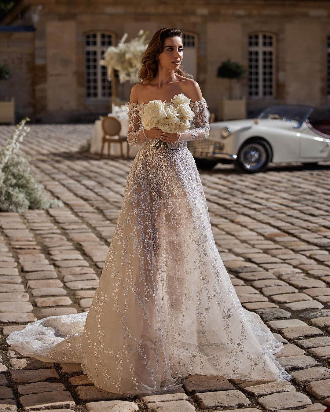 A E Modern Wedding Dress D Appliques Sequins Off Shoulder Bride Gowns Long Sleeve Sweep Train Bridal Dresses Custom Made ppliques es