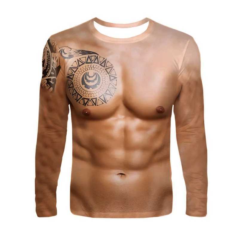 Mens Fake Muscle Graphic T-Shirt 3D Printing Funny Round Neck T Shirt Tops Casual Novelty Pattern Long -Sleeved Tee ShirtsX240919