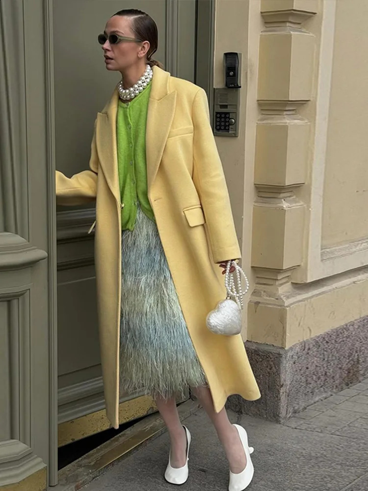 Fashion Yellow Woolen Long Coats For Women Loose Lapel Long Sleeve One Button Solid Coat Autumn Winter Elegant Streetwear 240909