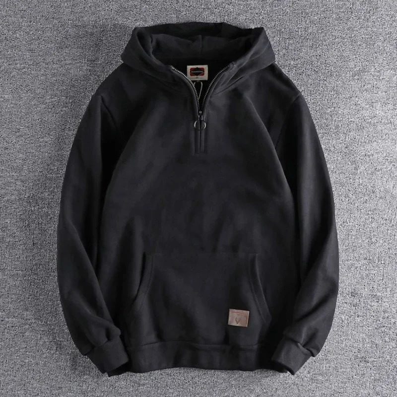 Mens black half zipper mens sports shirt warm hooded sweatshirt solid hooded wool Y2k retro high-quality Korean loose fit 240918