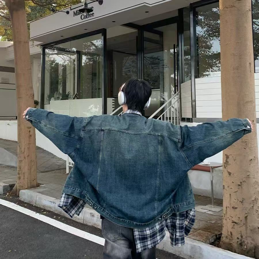 Plaid stitching denim jacket men's autumn tide brand casual loose two-piece tooling jacket