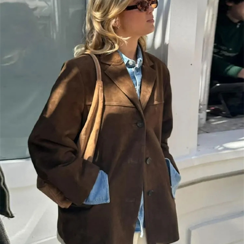 Casual Brown Lapel Pocket Suede Leather Jacket Fashion Woman Single Button Long Sleeve Crop Coat 2024 Lady Autumn Street Outwear y240919