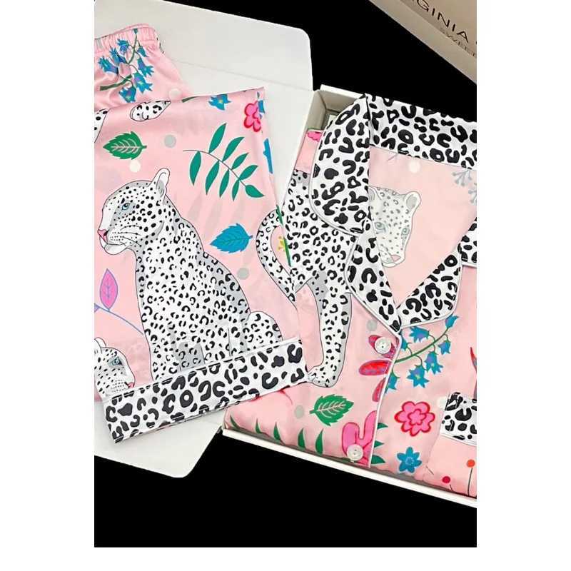 European and American leopard sleepwear set for spring and summer long sleeved short sleeved spliced collar high-end feeling sleepwear W240919