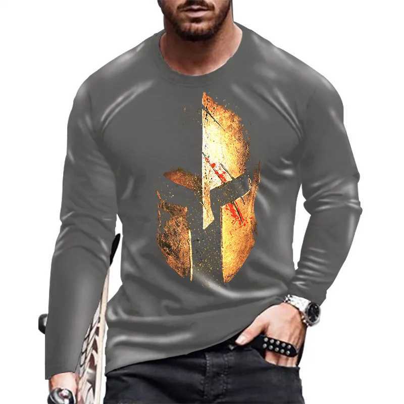 Retro Spartan Helmet 3d Print Summer Mens Round Neck T-shirt Casual Long Sleeve T-Shirt Oversized Pullover Fashion Men ClothingX240919