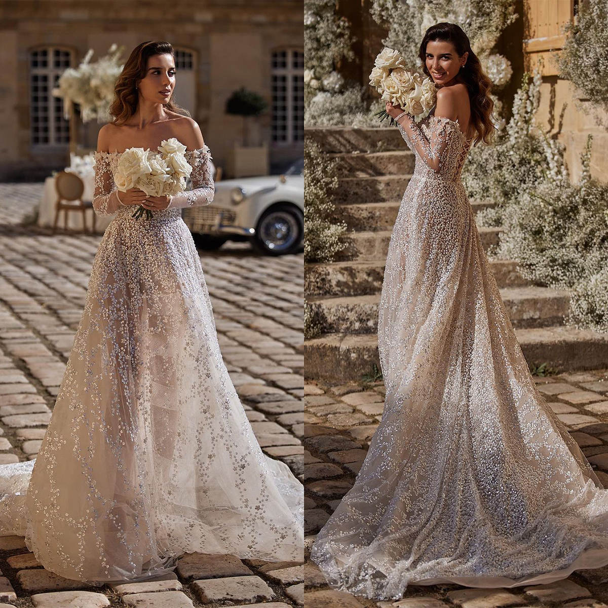 A E Modern Wedding Dress D Appliques Sequins Off Shoulder Bride Gowns Long Sleeve Sweep Train Bridal Dresses Custom Made ppliques es